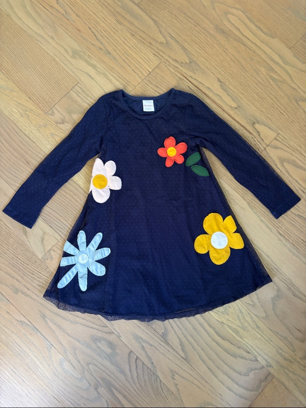 Hanna Andersson Navy Floral Appliqué Long-Sleeve Dress, size 5 110cm